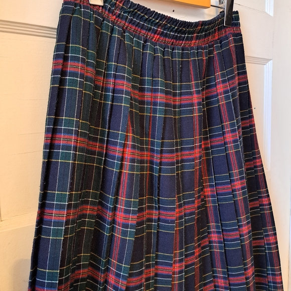 🇨🇦 Vintage Plaid Pleated Midi Skirt Blue Green | Elastic Waist | Size 14 - Picture 3 of 9